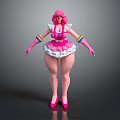 3D Model Female Character With Pink Hair Rainbow Sleeves And Frilly White Dress