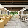 Modern Restaurant Interior With Hanging Pendant Lights Green Plants Yellow Chairs And Marble Flooring