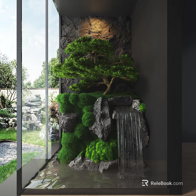 Lush Moss Covered Rockery Stones With Small Waterfall And Pine Tree In Indoor Garden View 3d model 