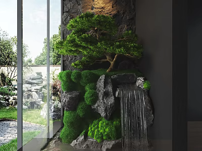Lush Moss Covered Rockery Stones With Small Waterfall And Pine Tree In Indoor Garden View 3d model