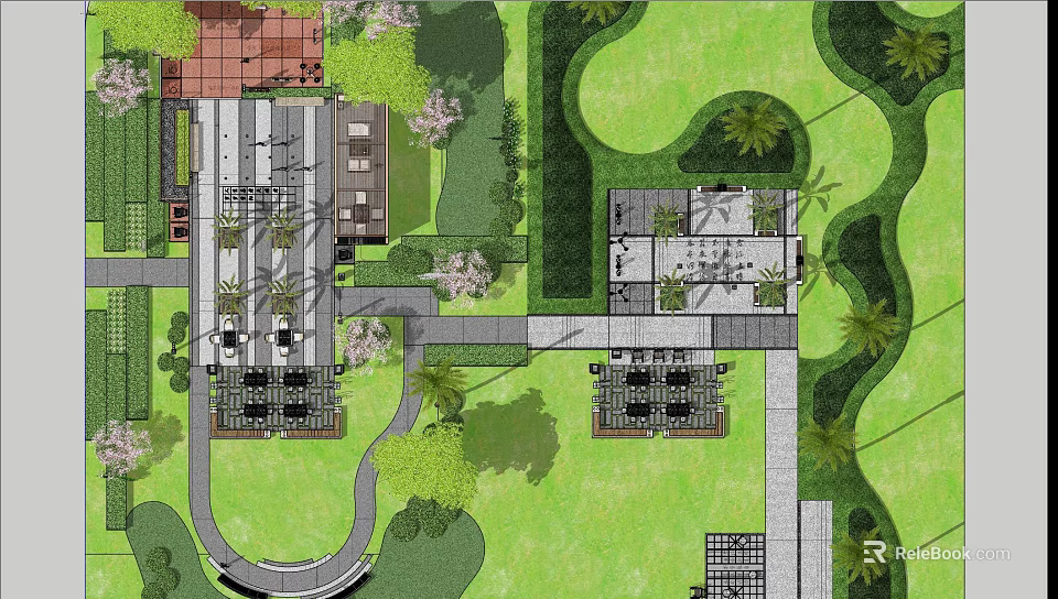 Scenic Green Park Landscape With Lawns Trees Paths And Architectural Structures 3d model