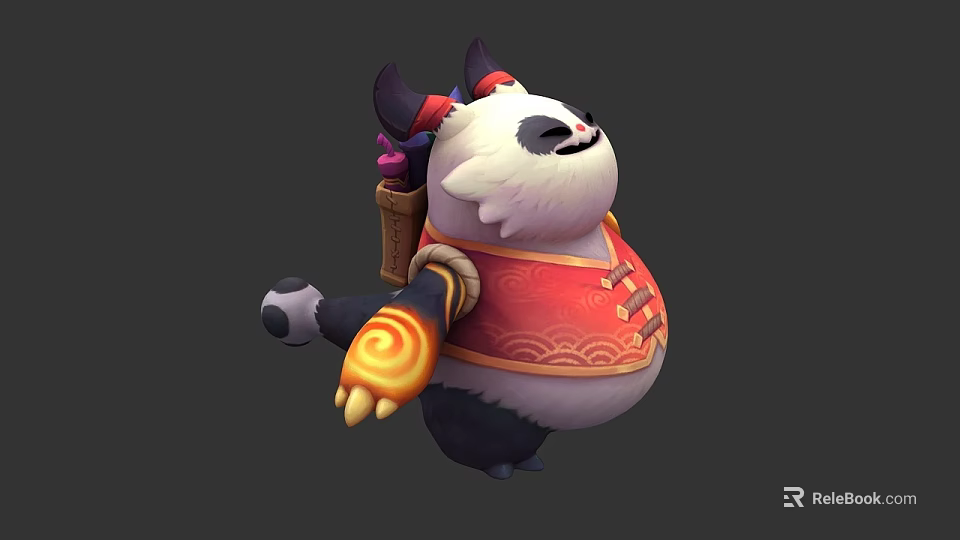 Cheerful Panda Game Movie Character With Horns Red Chinese Vest Bamboo Tube Golden Arm Decoration 3d model 