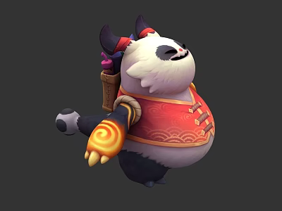 Cheerful Panda Game Movie Character With Horns Red Chinese Vest Bamboo Tube Golden Arm Decoration 3d model