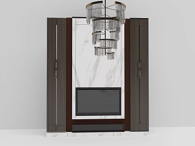 Elegant TV Wall Design With Dark Wooden Cabinets Marble Texture Built-in TV And Multi-layer Chandelier 3d model