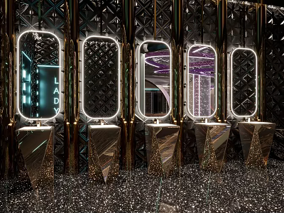 Modern Luxury Public Restroom With Illuminated Mirrors And Decorative Diamond Pattern Walls 3d model