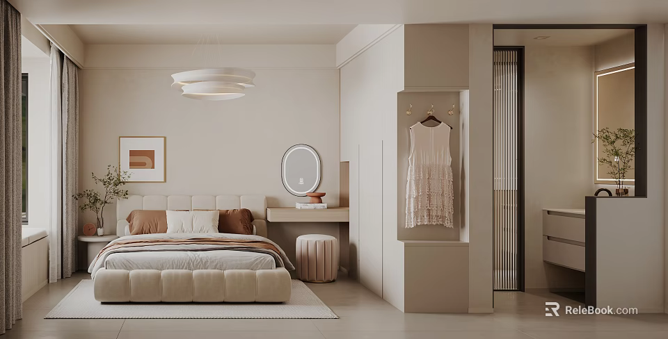 Modern Bedroom Interior With Cozy Bed Pendant Light Mirror And Wardrobe 3d model 