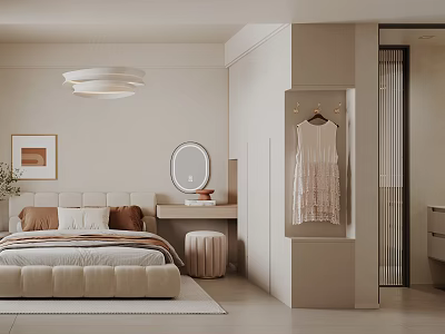 Modern Bedroom Interior With Cozy Bed Pendant Light Mirror And Wardrobe 3d model