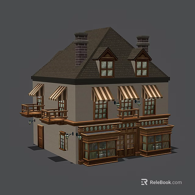 Cartoon Style Two Story House With Brown Roof Chimneys Striped Awnings Balconies And Shop Windows 3d model 