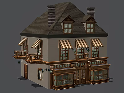 Cartoon Style Two Story House With Brown Roof Chimneys Striped Awnings Balconies And Shop Windows 3d model