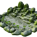Garden Ornament Featuring Rockery Waterfall Pond With Lotus Leaves And Water Lilies