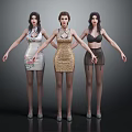Three Female Characters In Different Dresses With High Heels Standing On Gray Background