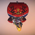 Cartoon Flying Airship With Red Blue Sails Dragon Patterns Yellow Hull And Flaming Details