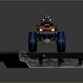 Red Monster Truck Featuring Large Blue Wheels And Roof Equipment On Display Platform Road Surface
