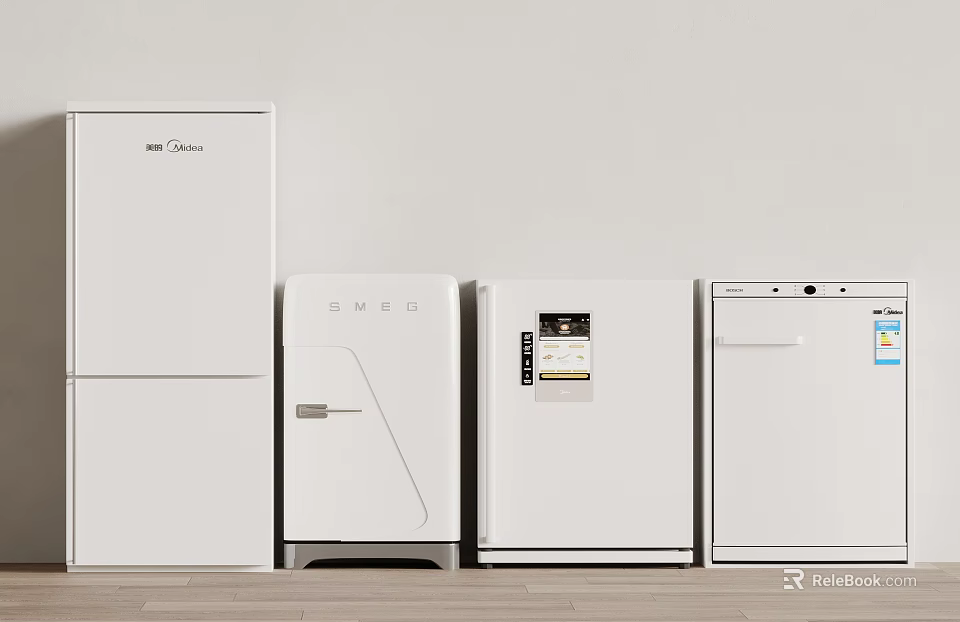 Modern White Refrigerators And Freezers With Different Design Styles For Home Kitchen Use 3d model 