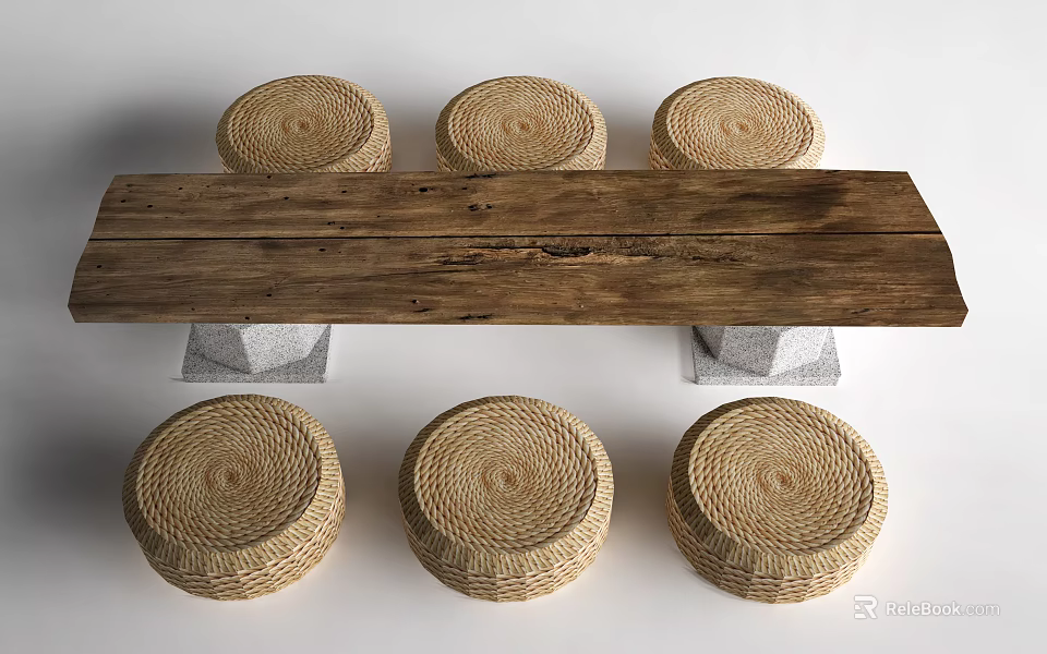 Natural Solid Wood Tea Table With Stone Base And Six Round Woven Stools 3d model 