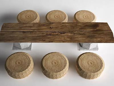 Natural Solid Wood Tea Table With Stone Base And Six Round Woven Stools 3d model