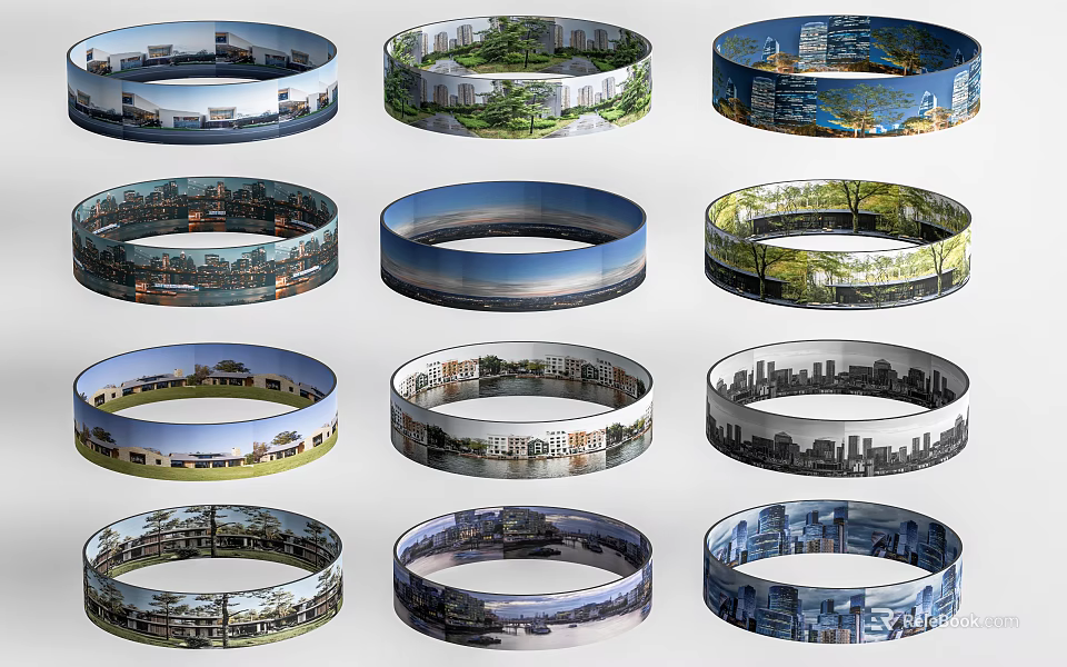 Scenic Views in Circular Panoramic Displays Featuring Urban Landscapes Green Areas and Architectural Scenes 3d model 