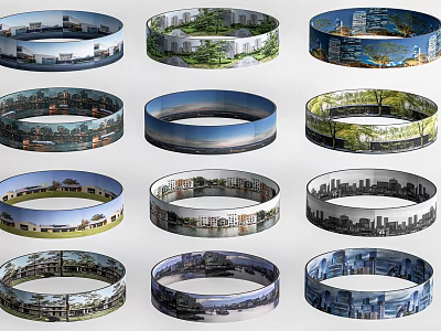 Scenic Views in Circular Panoramic Displays Featuring Urban Landscapes Green Areas and Architectural Scenes 3d model