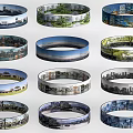 Scenic Views in Circular Panoramic Displays Featuring Urban Landscapes Green Areas and Architectural Scenes