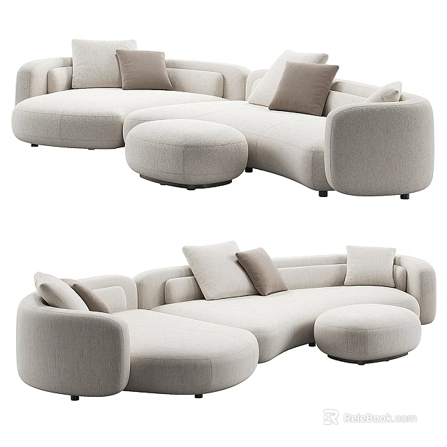 Modern Curved Sectional Sofa With Soft Beige Cushions And Ottoman Design 3d model