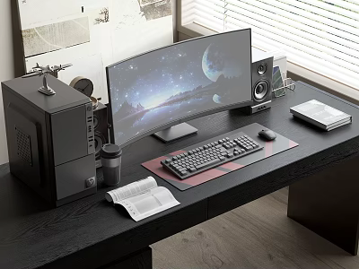 Desktop Computer Tower Setup With Curved Monitor Keyboard Mouse And Speakers On Desk 3d model
