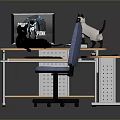 Home Office Desk with Monitor Keyboard Black and White Cats and Blue Chair