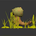 Cute Small Yellow Creature Wearing Mushroom Hat By Water Stones And Reeds