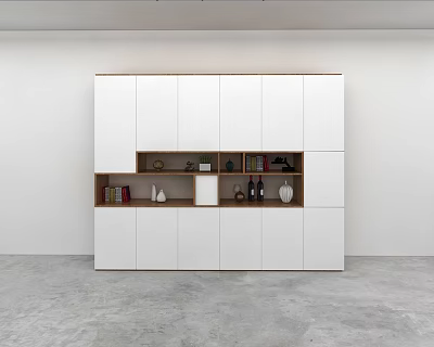 Modern White Wall Cabinets With Open Compartments Storing Books Decorative Items And Wine Bottles 3d model