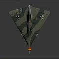 Camouflage Model Airplane With Triangular Wings Yellow Red Nose Emblem On Tail And Wheel Stand