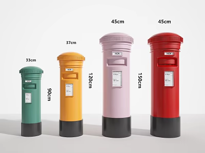 Colorful Public Facility Post Boxes in Green Yellow Pink Red with Various Heights 3d model