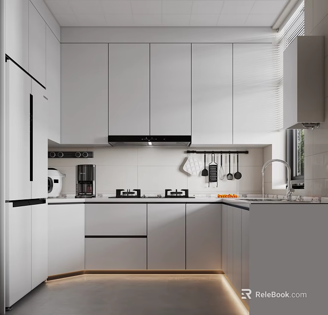 Modern White Kitchen Interior With Cabinets Refrigerator Coffee Maker Stove And Sink 3d model