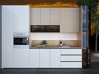 Stylish Modern Sideboard With White Wooden Cabinets Countertop Wine Bottles Glasses And Lighting 3d model