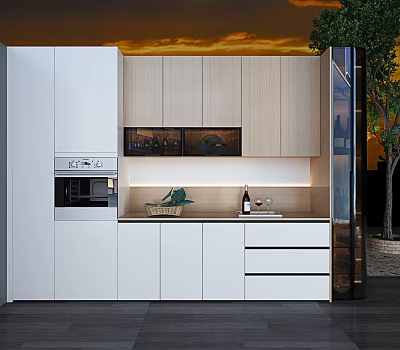 Stylish Modern Sideboard With White Wooden Cabinets Countertop Wine Bottles Glasses And Lighting 3d model