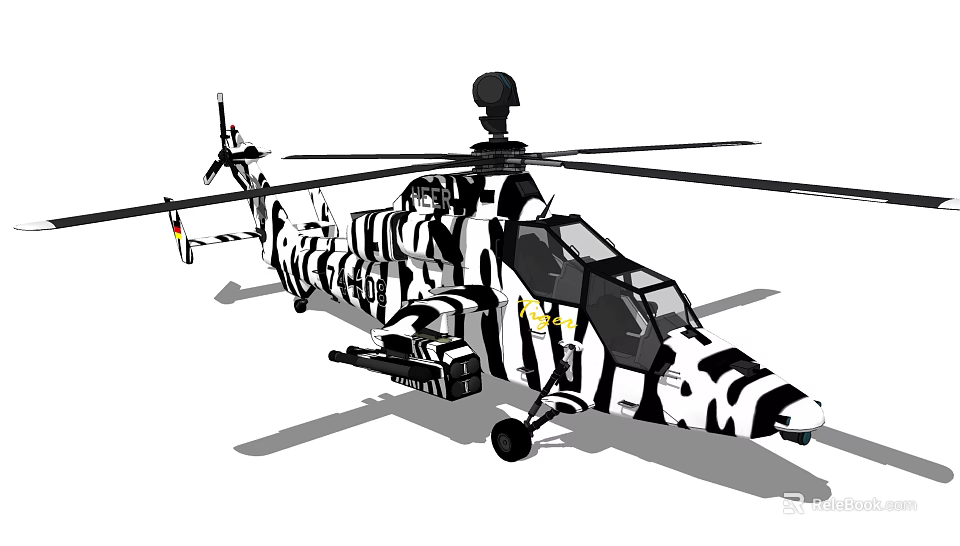 Military Helicopter With Black And White Camouflage Pattern Rotor Blades Cockpit And Weapon Systems 3d model 