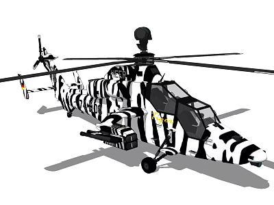 Military Helicopter With Black And White Camouflage Pattern Rotor Blades Cockpit And Weapon Systems 3d model