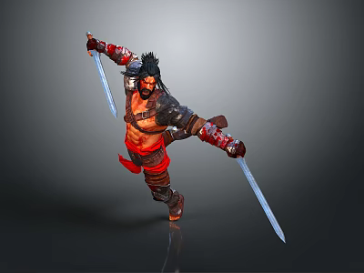 Game Movie Warrior Character In Battle Stance With Dual Swords Red Black Attire 3d model