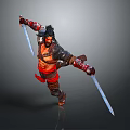 Game Movie Warrior Character In Battle Stance With Dual Swords Red Black Attire