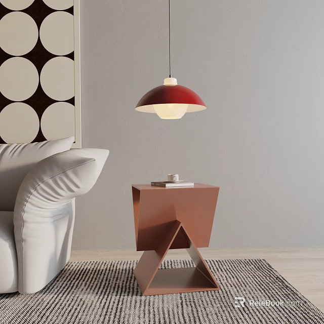 Brown Geometric Side Table With White Sofa Red Lamp And Black White Circular Pattern Wall 3d model