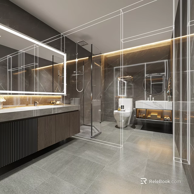 Modern Bathroom Interior With Marble Walls Double Vanity Shower Enclosure And Smart Toilet 3d model 
