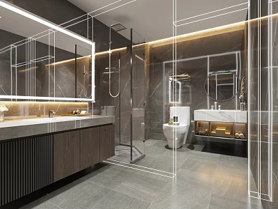 Modern Bathroom Interior With Marble Walls Double Vanity Shower Enclosure And Smart Toilet 3d model