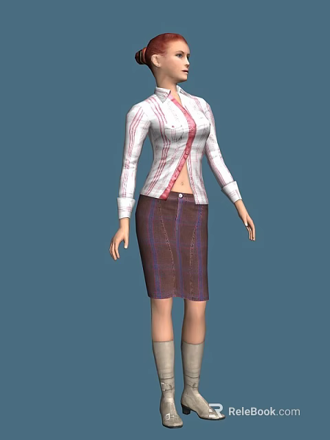 Fashionable Woman Wearing White Striped Shirt And Purple Plaid Skirt 3d model 