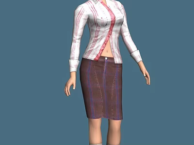 Fashionable Woman Wearing White Striped Shirt And Purple Plaid Skirt 3d model