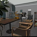 Modern Rest Area Interior With Wooden Table Chairs Large Plant Coffee Machines And Soft Lighting