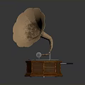 Vintage Electronic Gramophone With Brass Horn Wooden Base And Vinyl Record