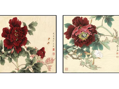Two Panel Botanical Painting With Red Peony Flowers And Green Leaves Artwork 3d model