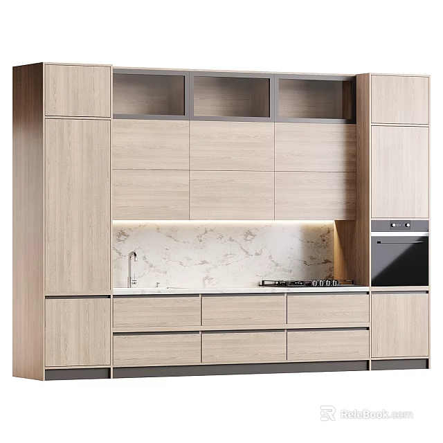Modern Kitchen Wood Cabinets With Marble Countertop Sink Cooktop And Oven 3d model 
