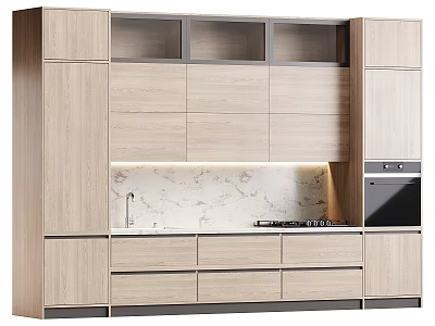 Modern Kitchen Wood Cabinets With Marble Countertop Sink Cooktop And Oven 3d model