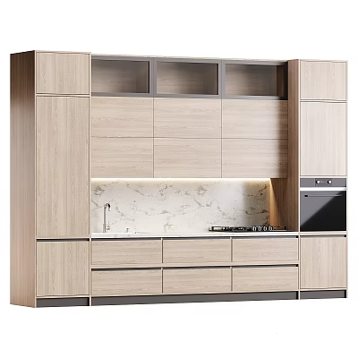 Modern Kitchen Wood Cabinets With Marble Countertop Sink Cooktop And Oven 3d model