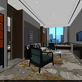 Luxury Modern Hotel Guest Room With King Bed Decorative Wall Patterned Carpet And Ambient Lighting