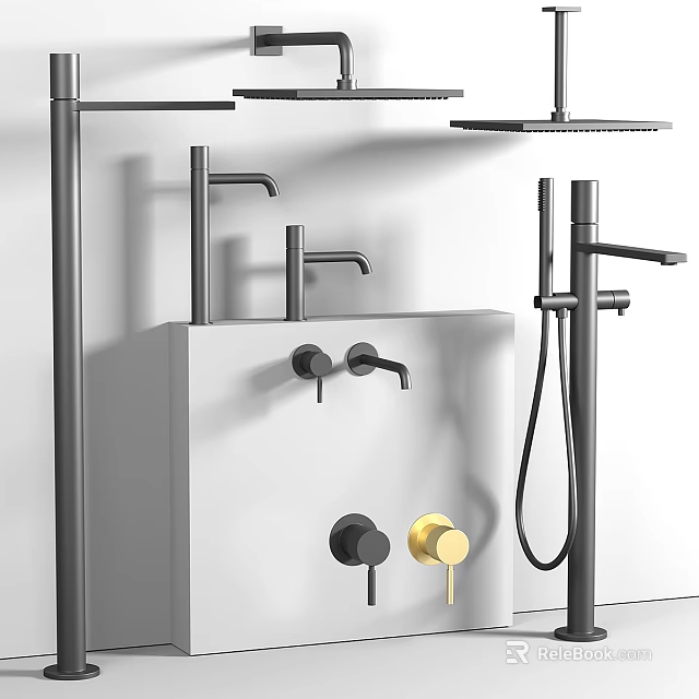 Modern Bathroom Faucet Design With Black And Gold Knobs Handheld Shower And Sleek Finish 3d model 